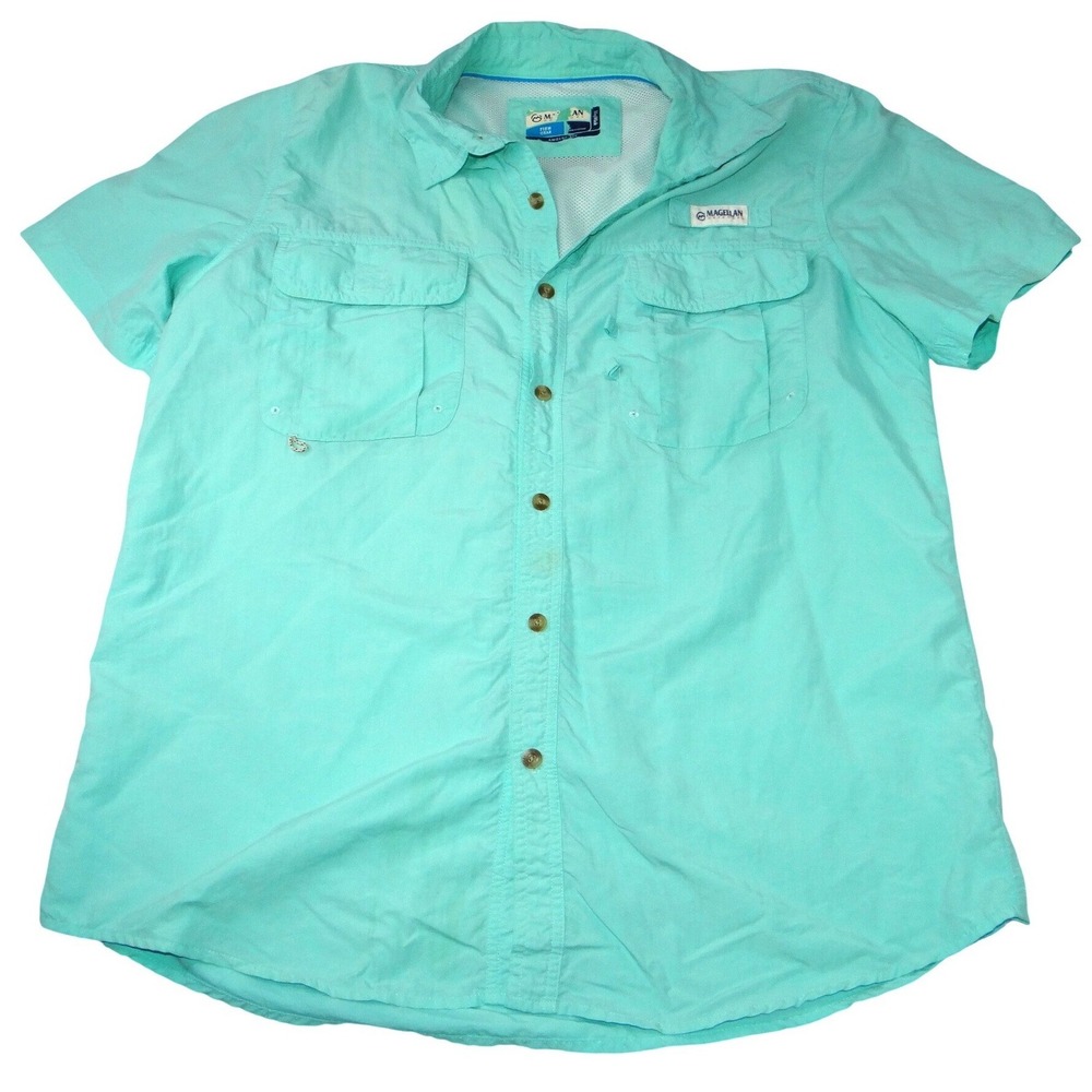 Vintage Magellan Outdoors Mens Teal Short Sleeve Button Up Fishing Shirt Large